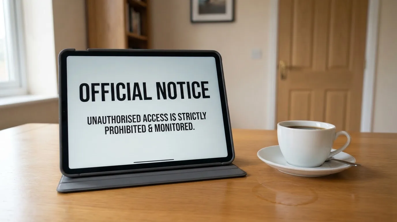 A tablet screen displaying an official regulator warning notice on a desk beside a coffee cup.