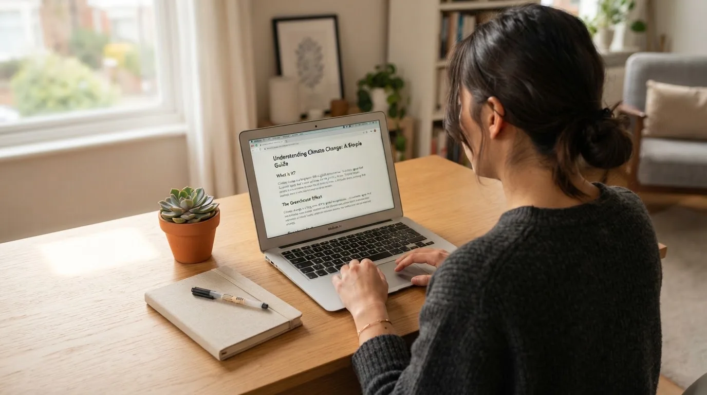 A person at a laptop reading a plain-language explainer article at a home desk.