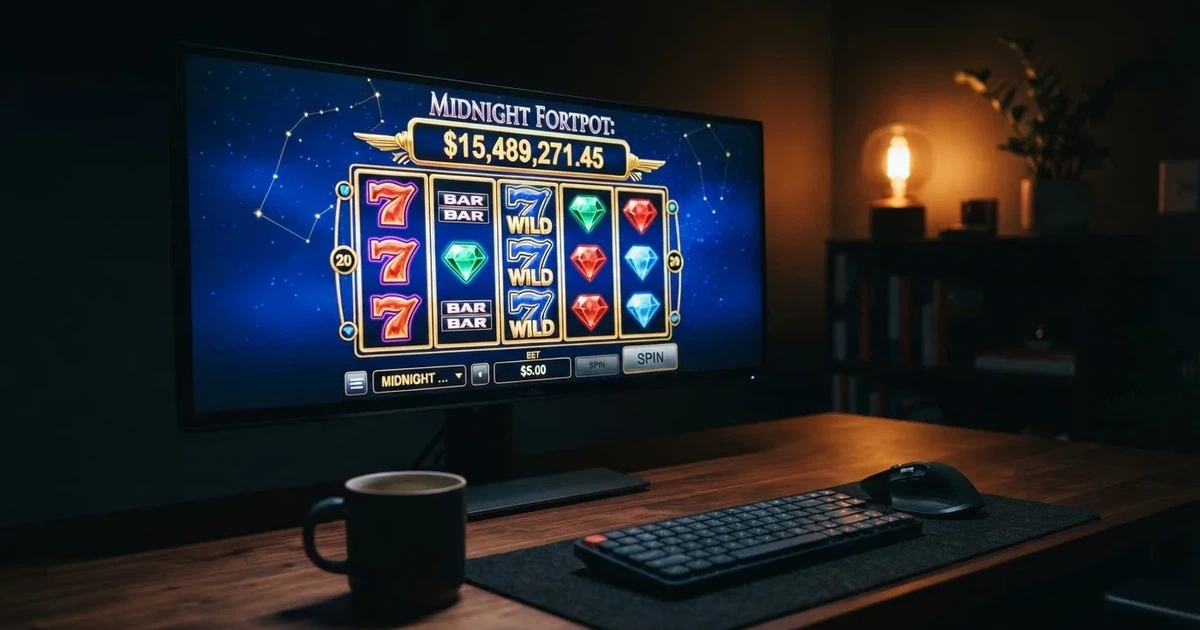 A slot machine's paytable screen glowing on a monitor in a dim room.