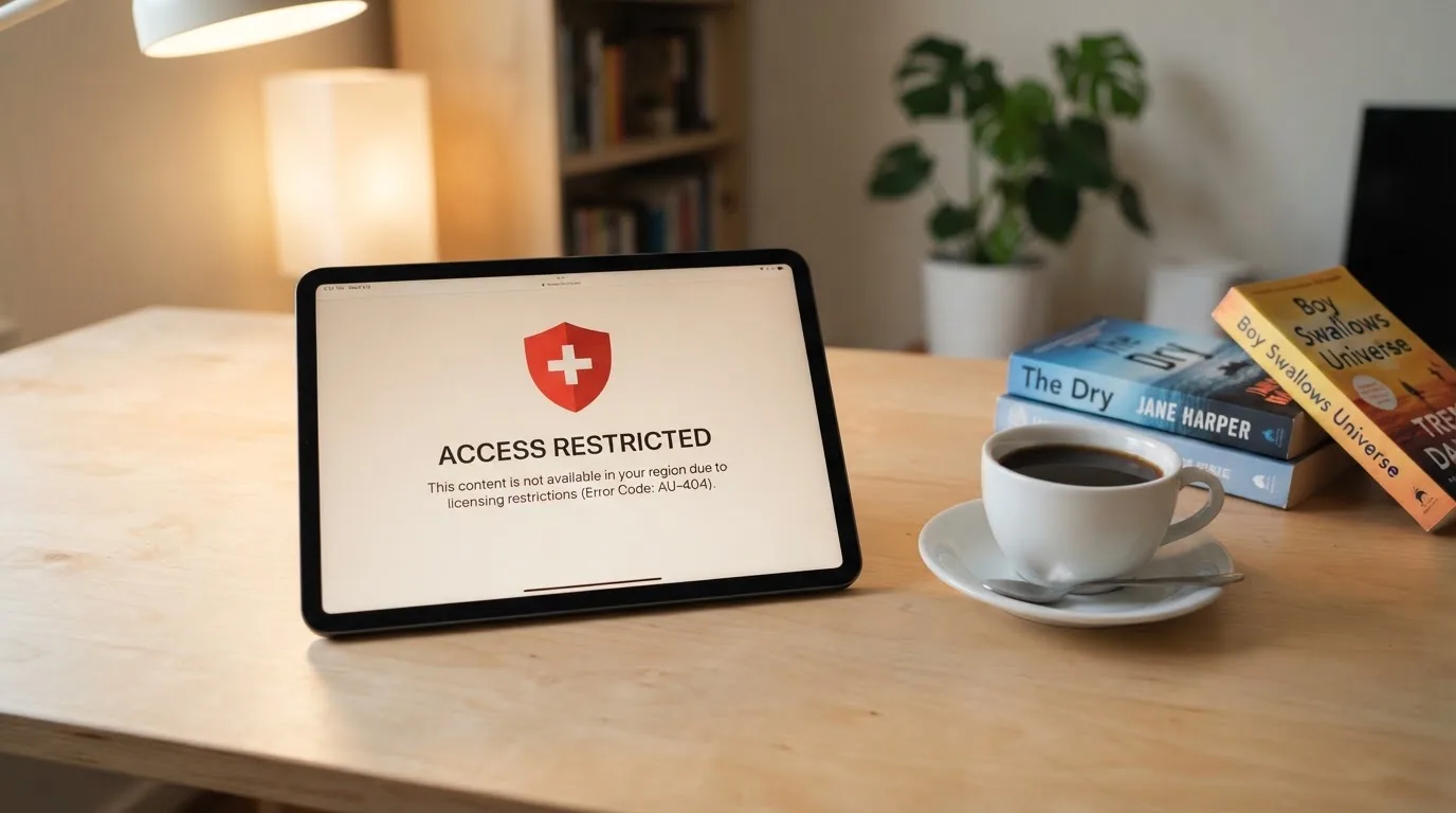 A tablet screen displaying an official regulator warning notice on a desk beside a coffee cup.