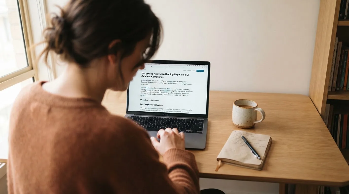 A person at a laptop reading a plain-language explainer article at a home desk.