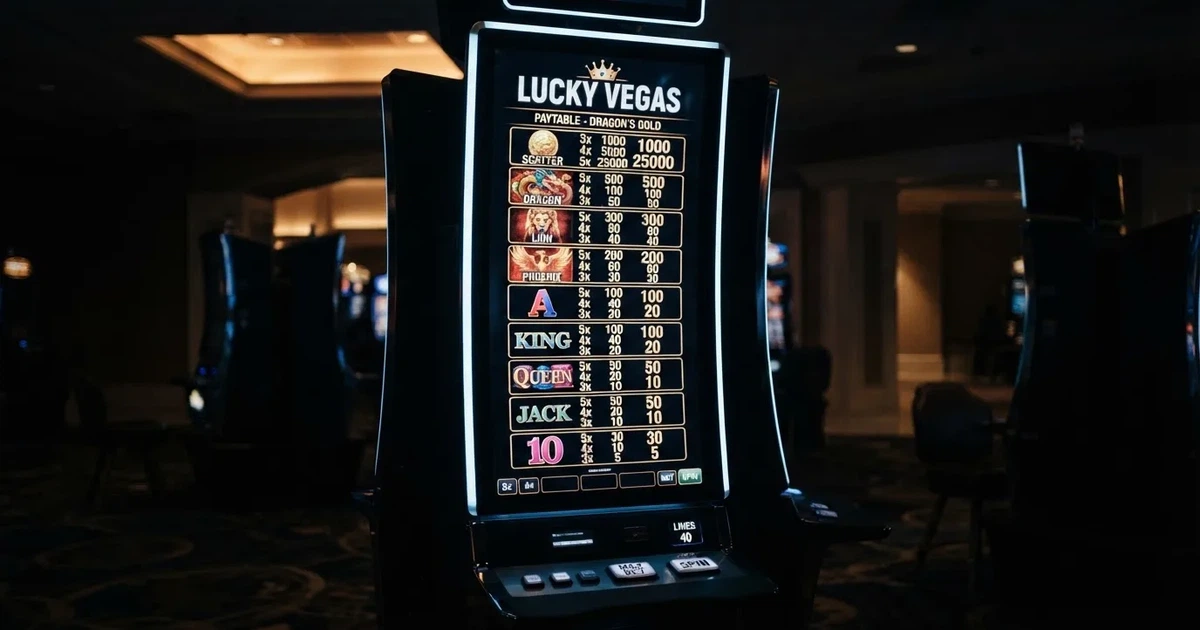 A slot machine's paytable screen glowing on a monitor in a dim room.