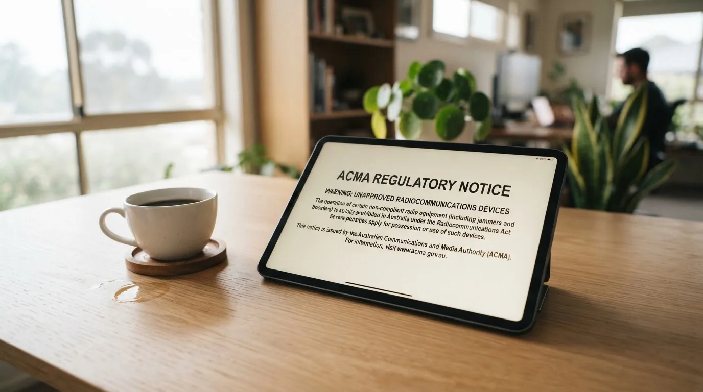 A tablet screen displaying an official regulator warning notice on a desk beside a coffee cup.