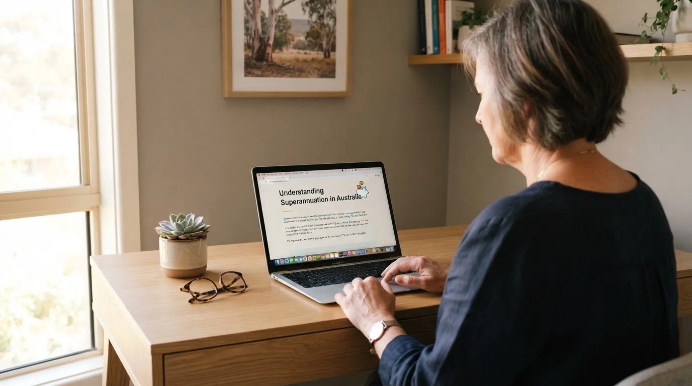 A person at a laptop reading a plain-language explainer article at a home desk.