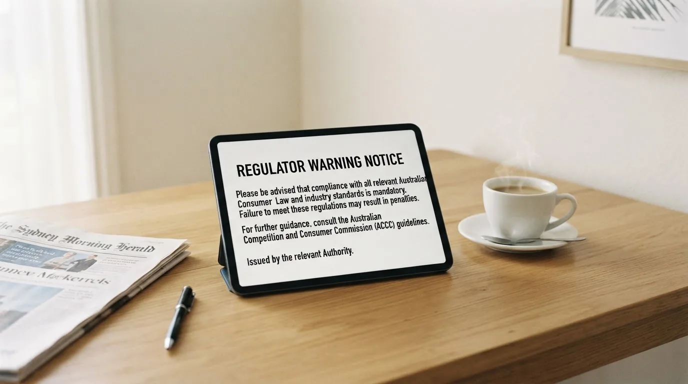 A tablet screen displaying an official regulator warning notice on a desk beside a coffee cup.