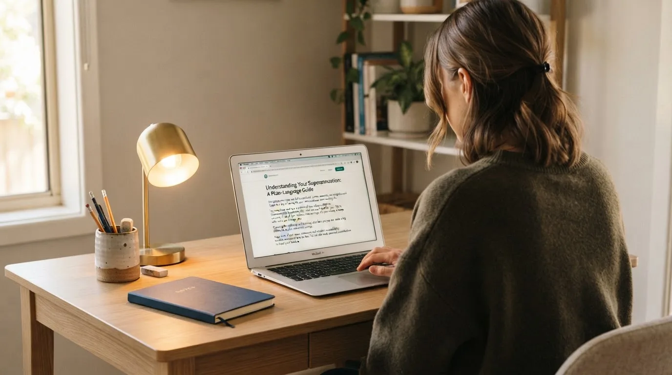 A person at a laptop reading a plain-language explainer article at a home desk.