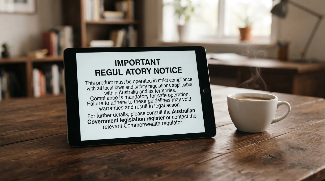 A tablet screen displaying an official regulator warning notice on a desk beside a coffee cup.