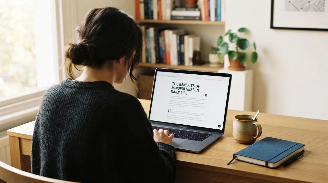 A person at a laptop reading a plain-language explainer article at a home desk.