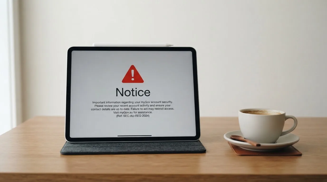 A tablet screen displaying an official regulator warning notice on a desk beside a coffee cup.