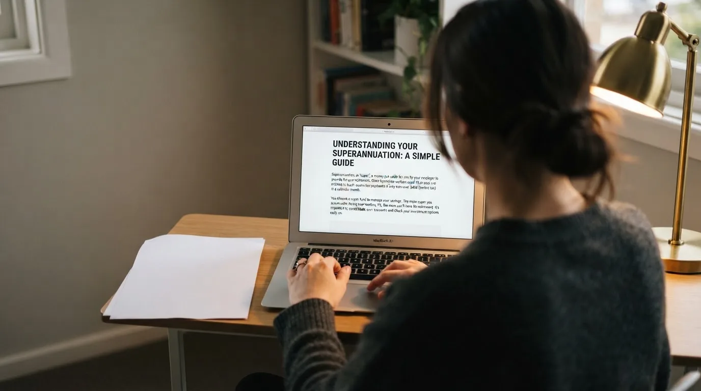 A person at a laptop reading a plain-language explainer article at a home desk.