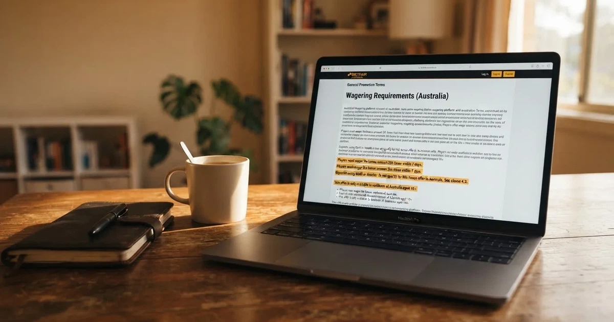 A laptop screen showing a terms-and-conditions page with wagering requirements highlighted.