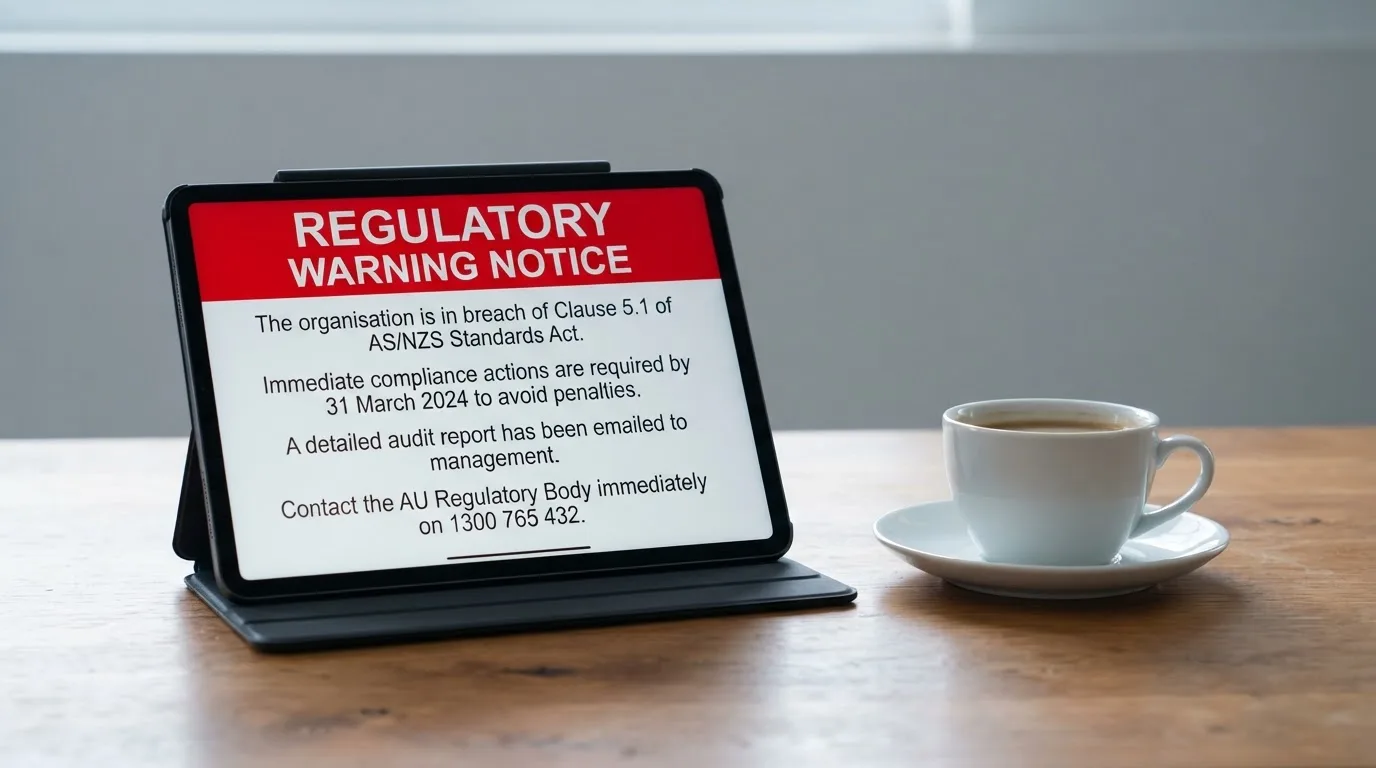 A tablet screen displaying an official regulator warning notice on a desk beside a coffee cup.