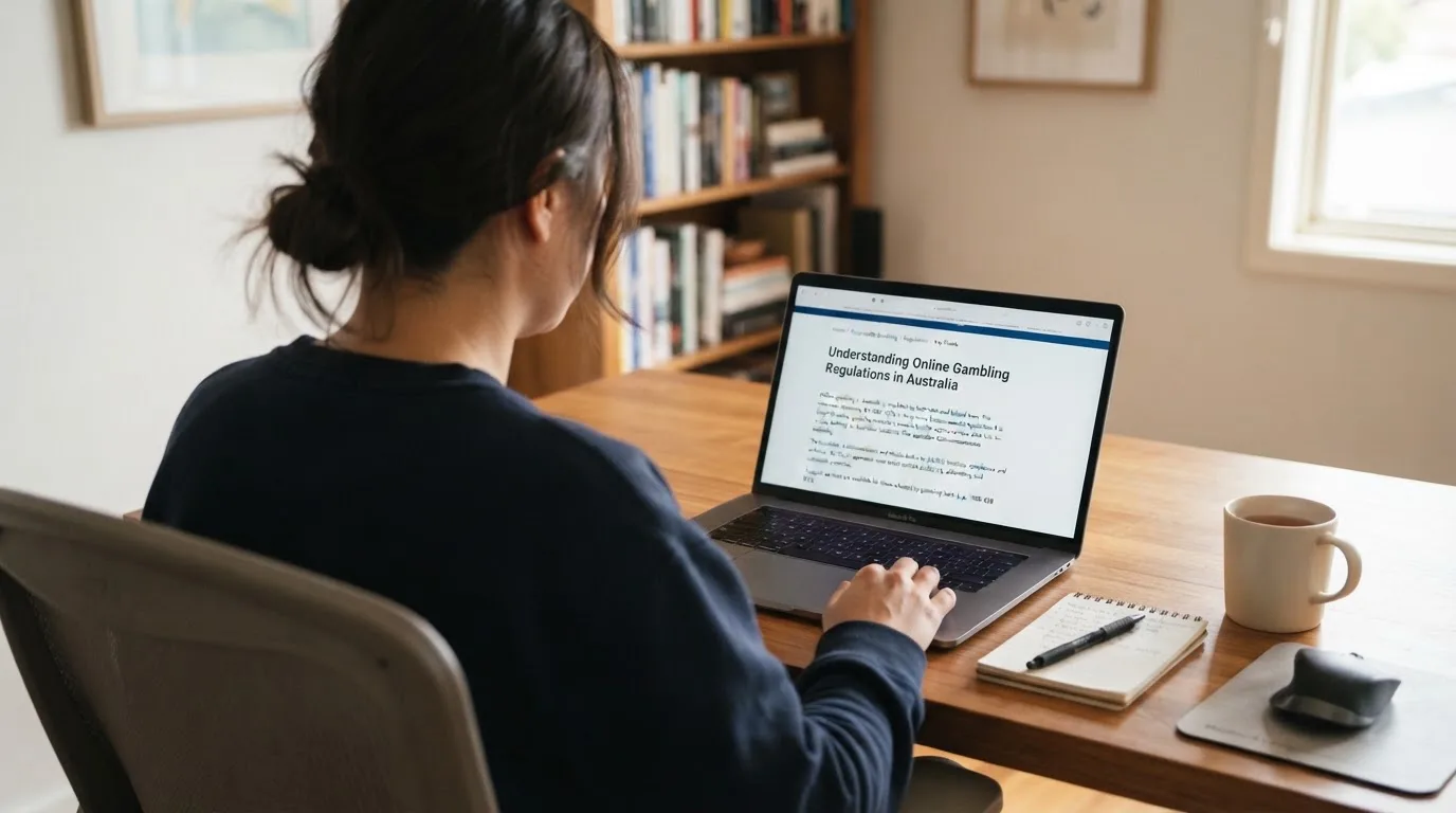 A person at a laptop reading a plain-language explainer article at a home desk.