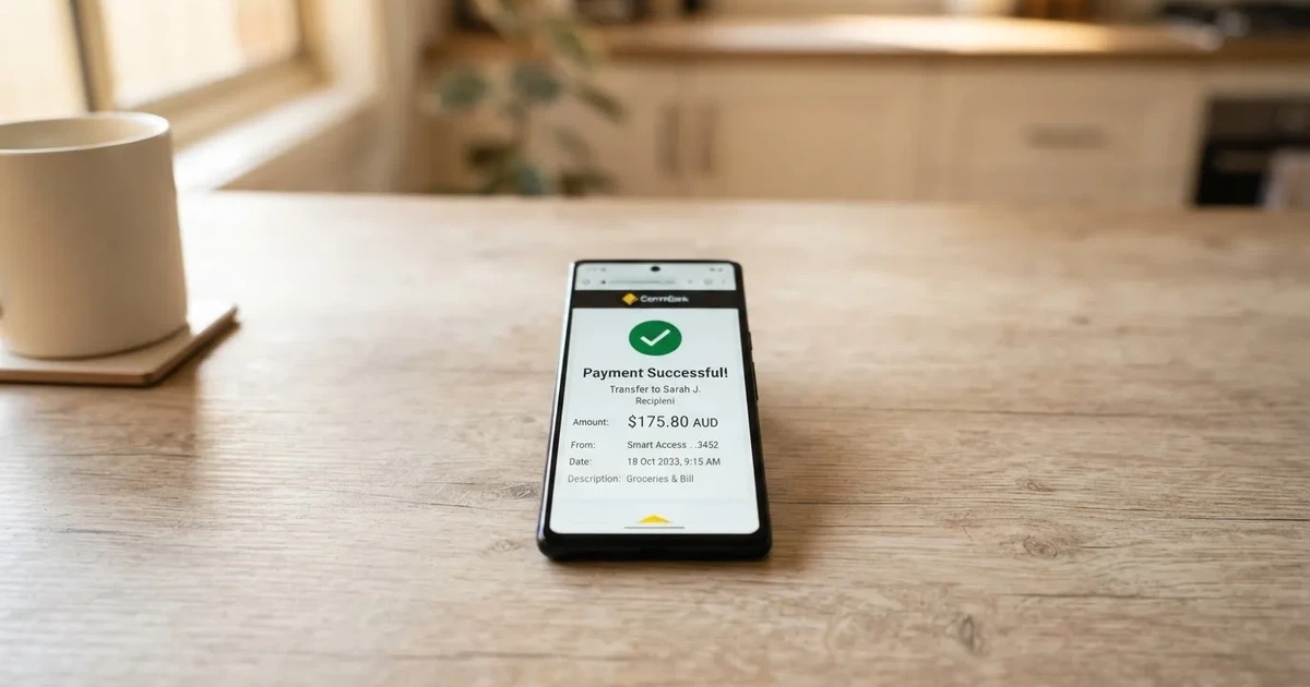 A close-up of a banking app on a smartphone showing a same-day transfer confirmation on a kitchen table.