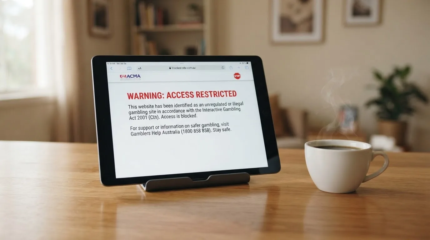 A tablet screen displaying an official regulator warning notice on a desk beside a coffee cup.