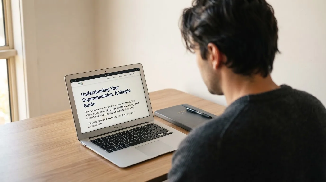 A person at a laptop reading a plain-language explainer article at a home desk.