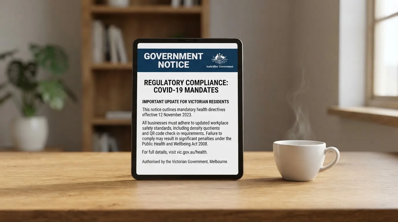A tablet screen displaying an official regulator warning notice on a desk beside a coffee cup.