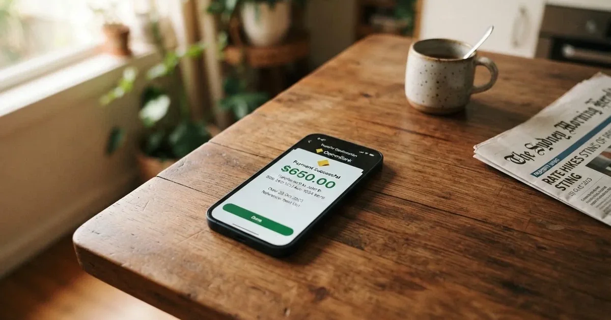 A close-up of a banking app on a smartphone showing a same-day transfer confirmation on a kitchen table.