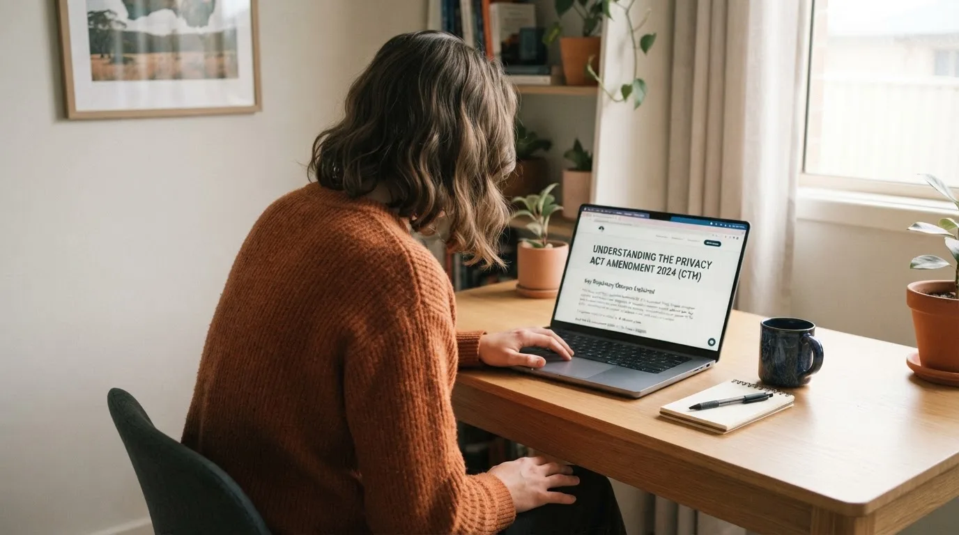 A person at a laptop reading a plain-language explainer article at a home desk.