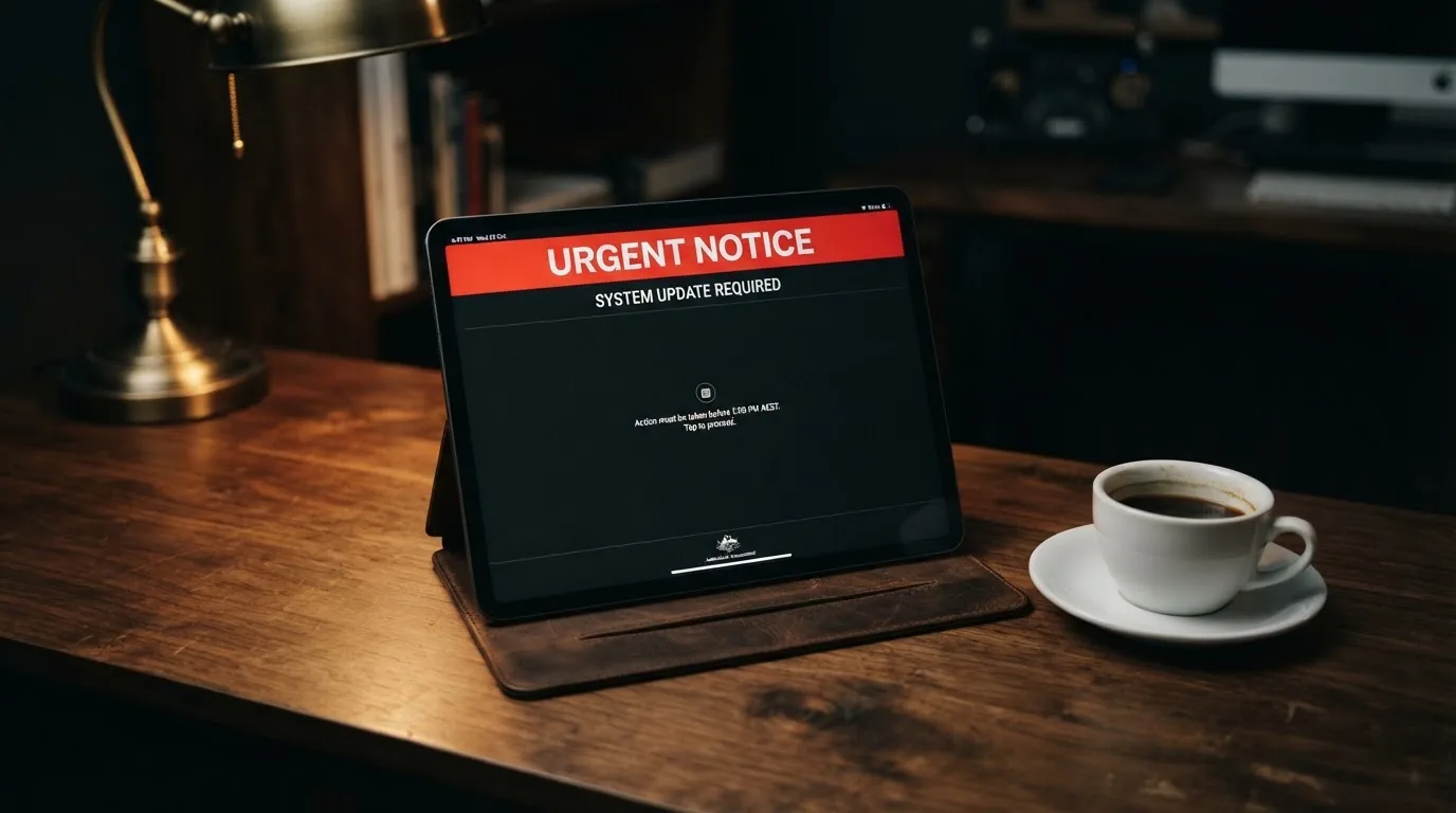 A tablet screen displaying an official regulator warning notice on a desk beside a coffee cup.