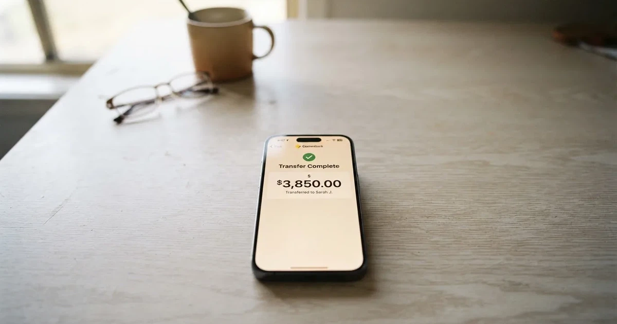 A close-up of a banking app on a smartphone showing a same-day transfer confirmation on a kitchen table.
