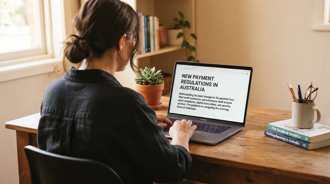 A person at a laptop reading a plain-language explainer article at a home desk.