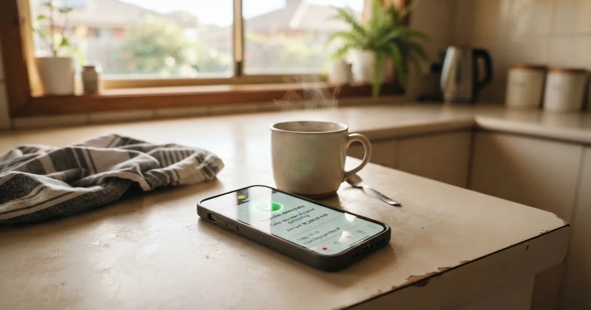 A close-up of a banking app on a smartphone showing a same-day transfer confirmation on a kitchen table.