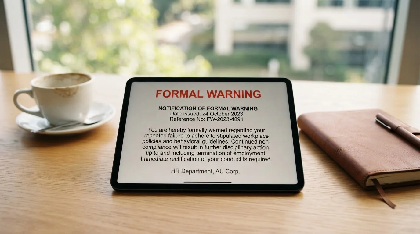A tablet screen displaying an official regulator warning notice on a desk beside a coffee cup.