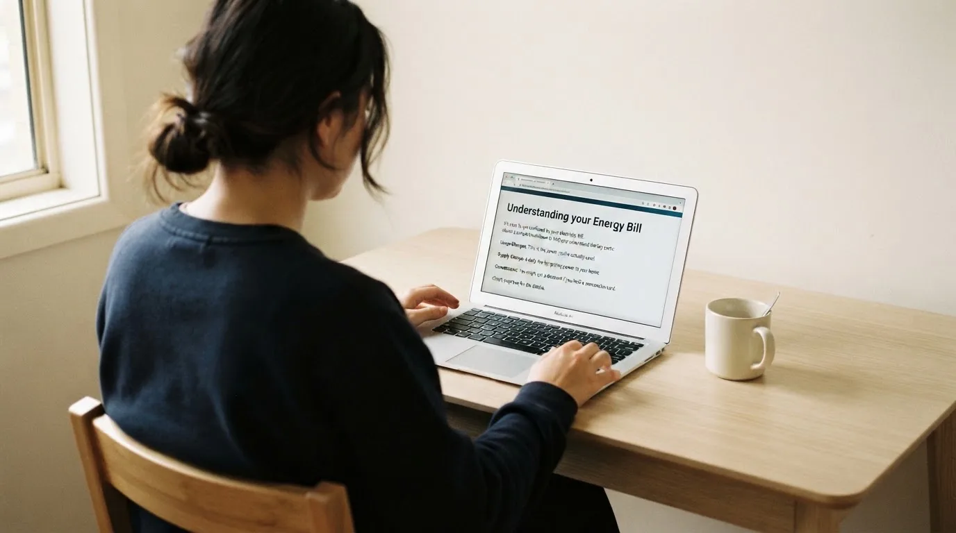 A person at a laptop reading a plain-language explainer article at a home desk.