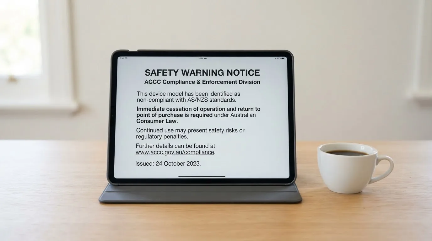 A tablet screen displaying an official regulator warning notice on a desk beside a coffee cup.