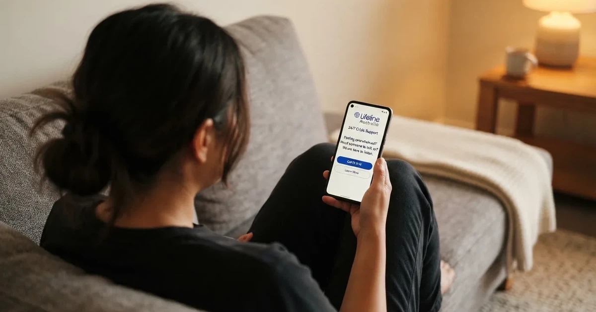 A person looking at a support helpline page on a phone while sitting on a couch.