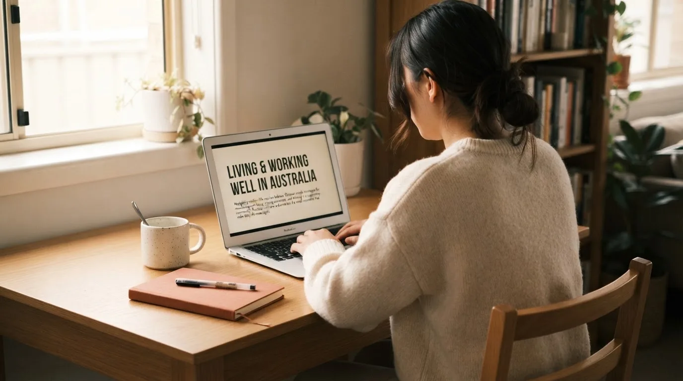 A person at a laptop reading a plain-language explainer article at a home desk.