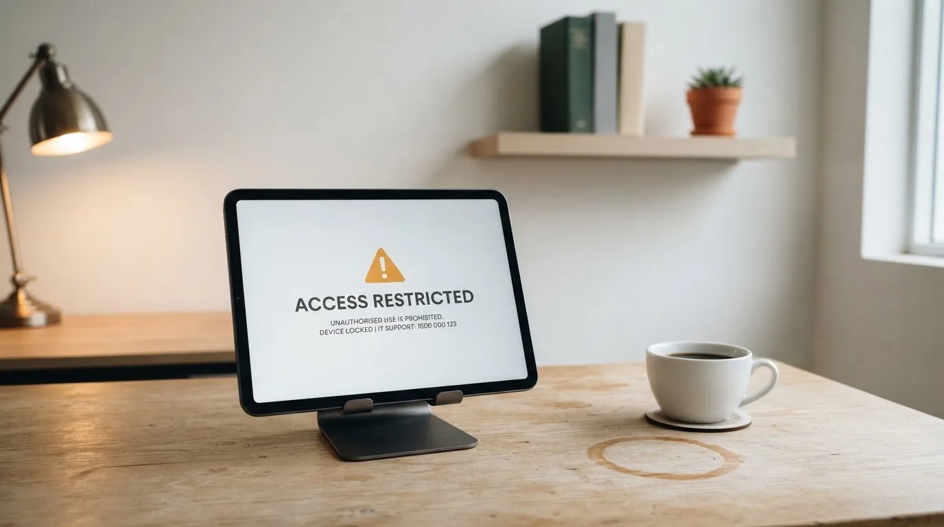 A tablet screen displaying an official regulator warning notice on a desk beside a coffee cup.