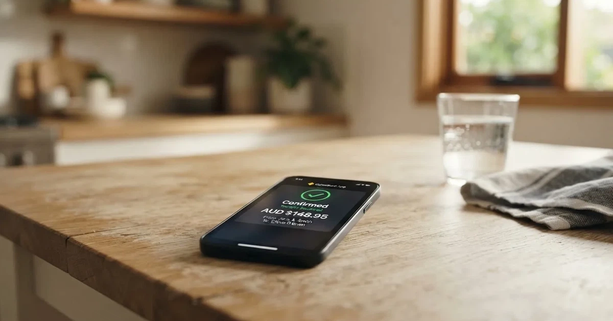A close-up of a banking app on a smartphone showing a same-day transfer confirmation on a kitchen table.