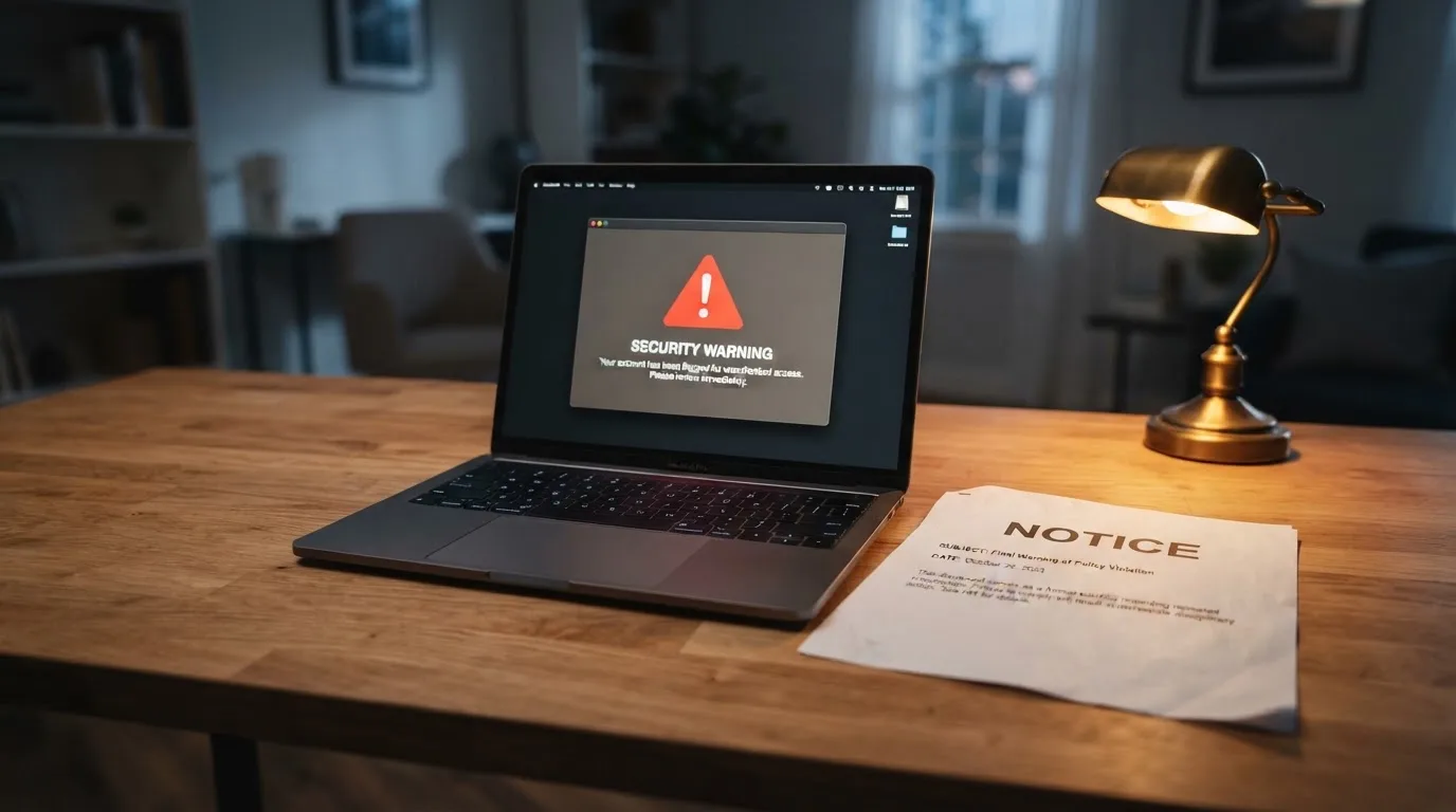 A printed government warning notice on a desk beside a laptop with a red alert icon on the screen.