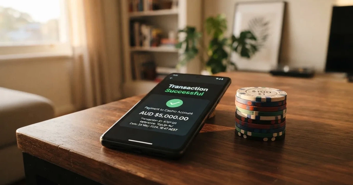 A phone displaying a bank transfer confirmation screen next to a stack of Australian dollar notes.