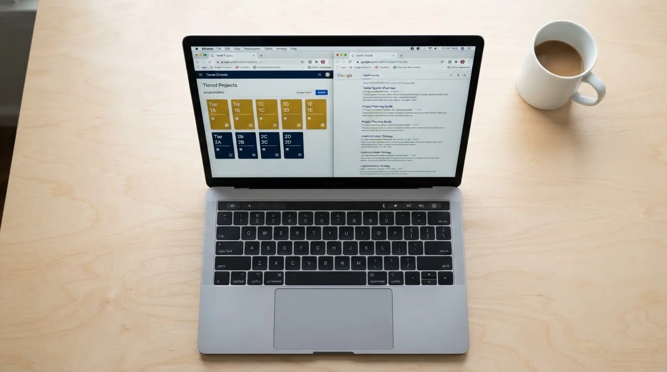 A laptop screen split between two browser tabs, one showing a comparison table and the other a search results page.