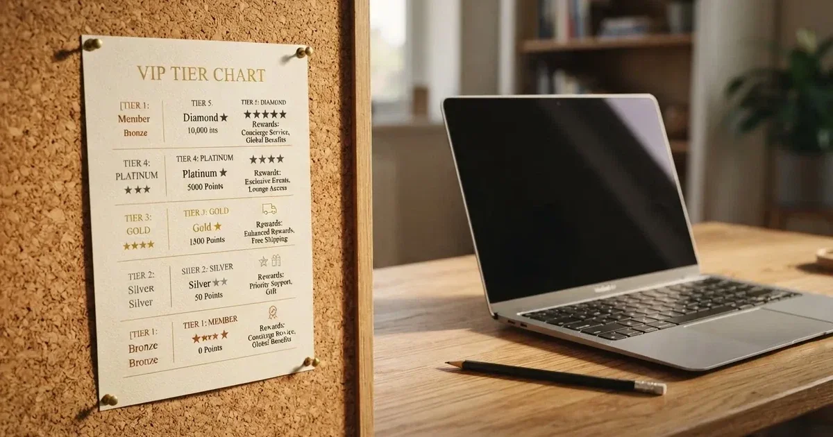 A gold-coloured tier chart pinned to a corkboard next to a laptop keyboard.