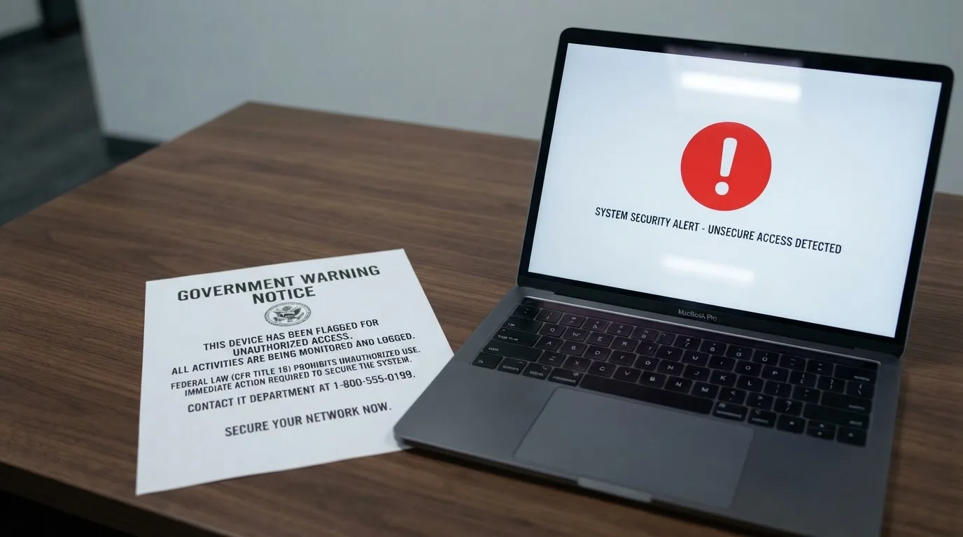 A printed government warning notice on a desk beside a laptop with a red alert icon on the screen.
