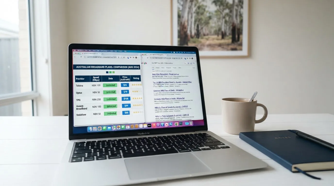 A laptop screen split between two browser tabs, one showing a comparison table and the other a search results page.