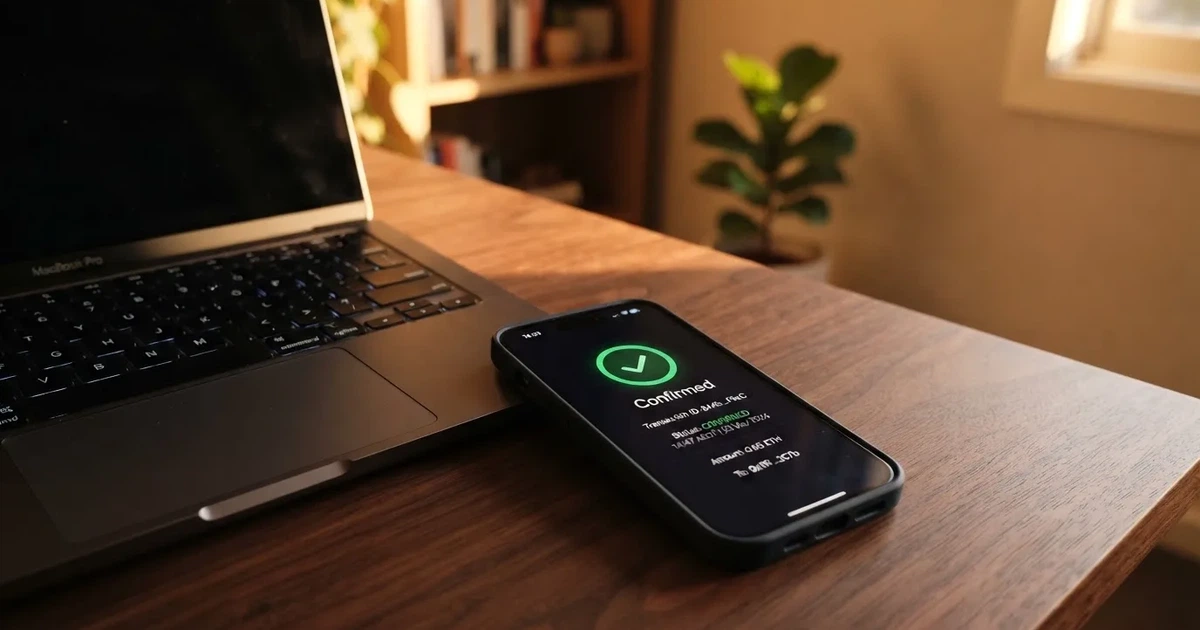 A phone displaying a blockchain transaction confirmation screen next to a laptop keyboard.