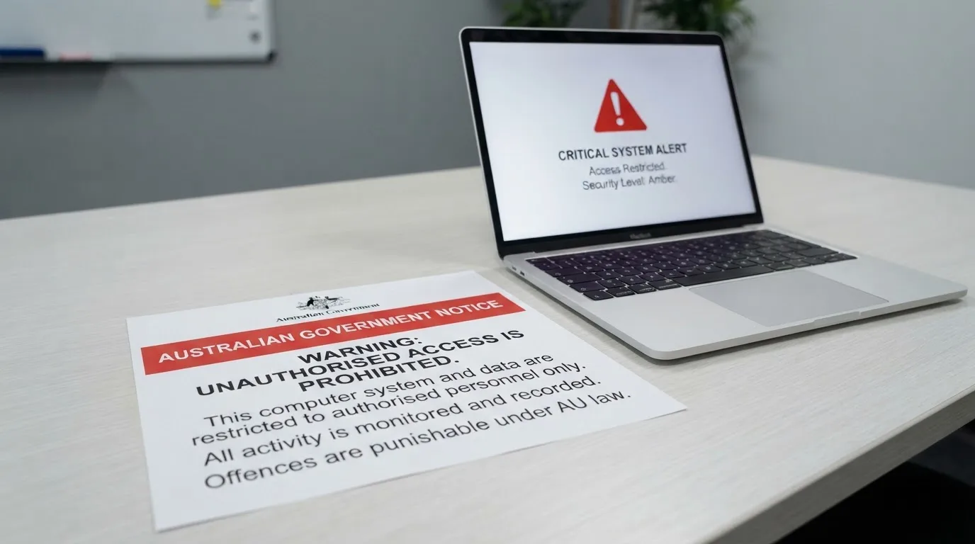 A printed government warning notice on a desk beside a laptop with a red alert icon on the screen.