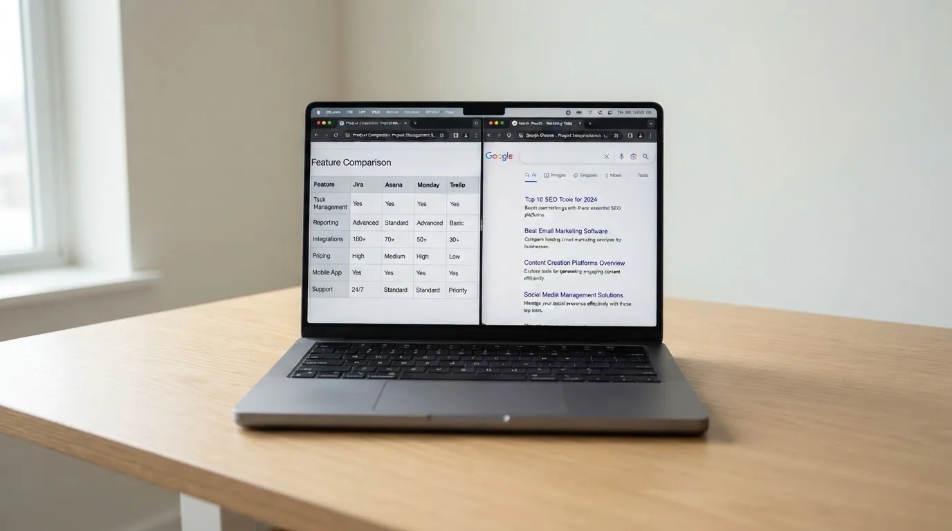 A laptop screen split between two browser tabs, one showing a comparison table and the other a search results page.