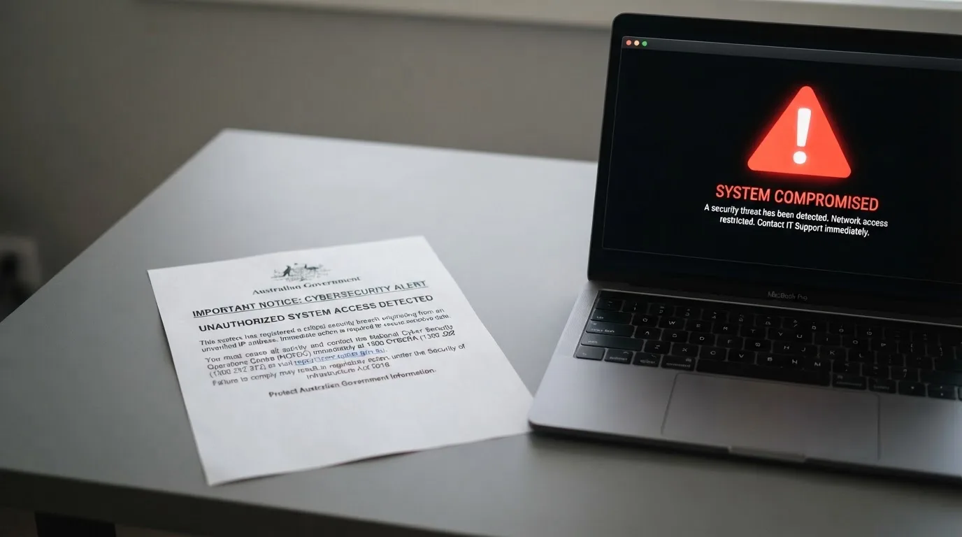 A printed government warning notice on a desk beside a laptop with a red alert icon on the screen.