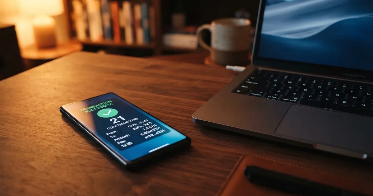 A phone displaying a blockchain transaction confirmation screen next to a laptop keyboard.