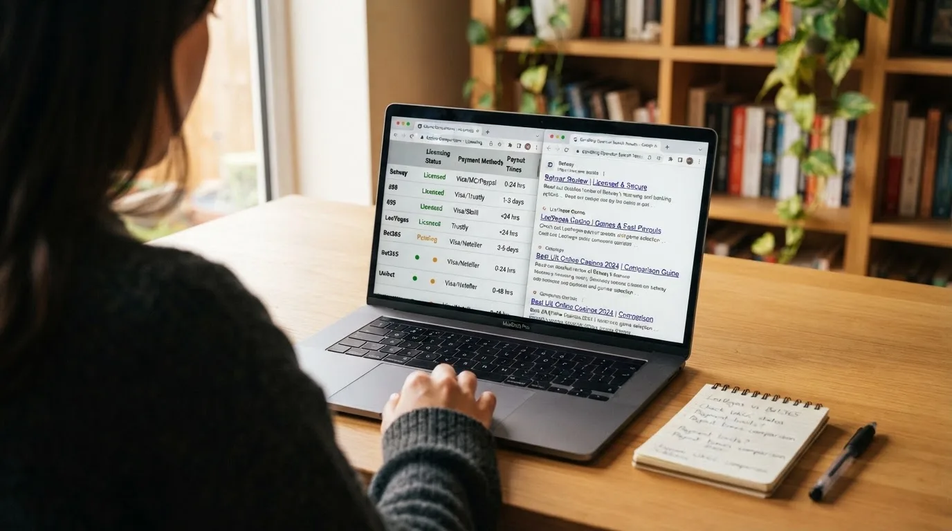 A laptop screen split between two browser tabs, one showing a comparison table and the other a search results page.