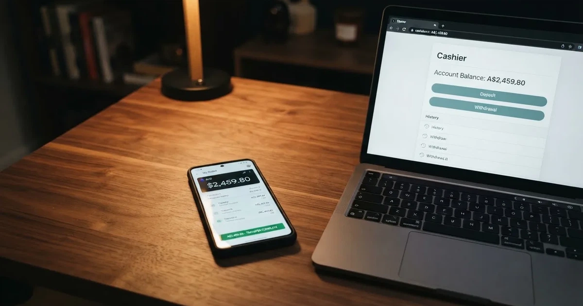 A smartphone screen showing a digital wallet balance next to a laptop cashier page.