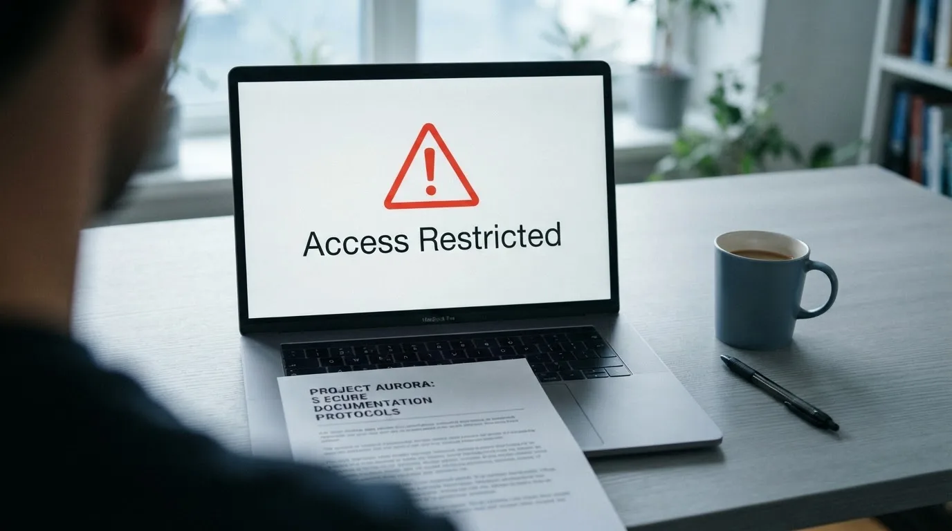A printed government warning notice on a desk beside a laptop with a red alert icon on the screen.