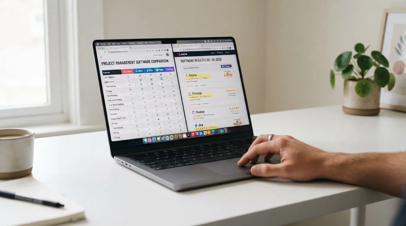 A laptop screen split between two browser tabs, one showing a comparison table and the other a search results page.