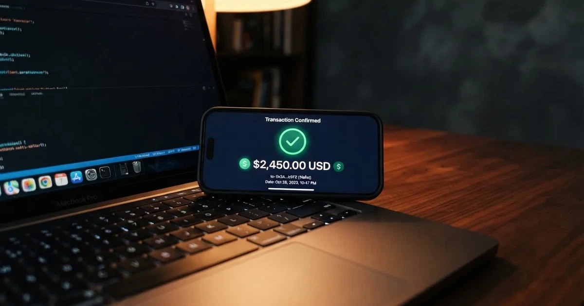 A phone displaying a blockchain transaction confirmation screen next to a laptop keyboard.
